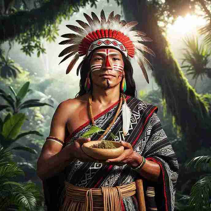 Indígena com ervas medicinais